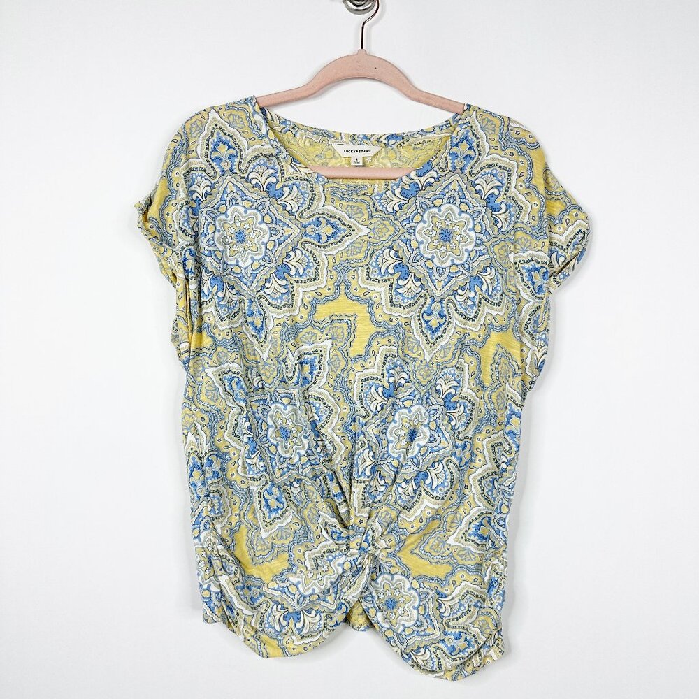 2/$30 Lucky Brand Twist Front Medallion Print Tee Cap Sleeve Mustard L #A1478 - Picture 5 of 11